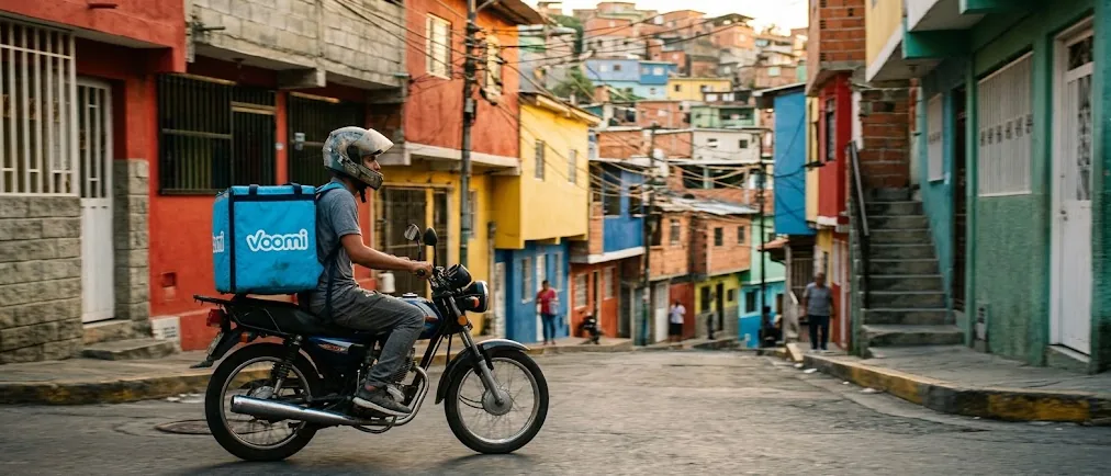 Voomi courier on a motorbike with a light-blue backpack on a neighborhood street