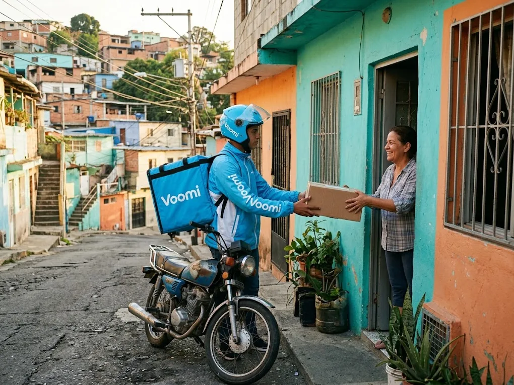 Voomi courier delivering an order at a home