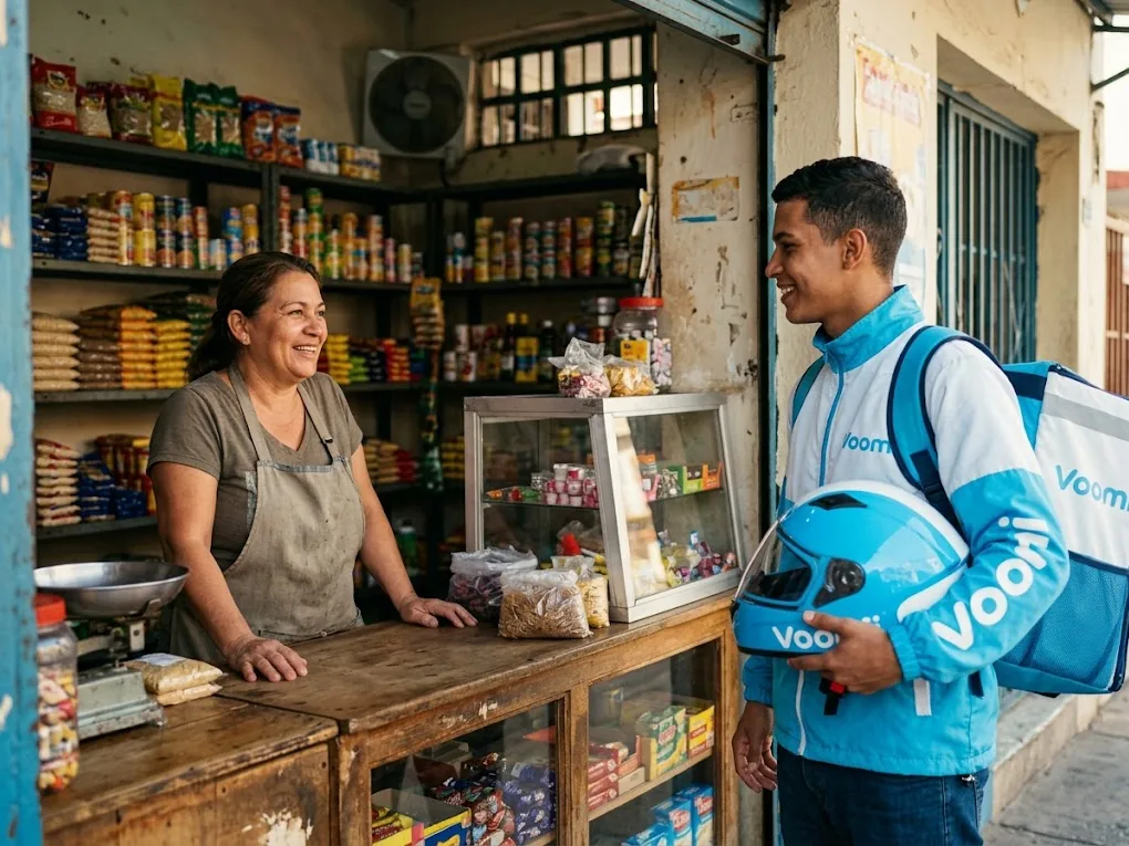 Corner-store owner and Voomi courier smiling