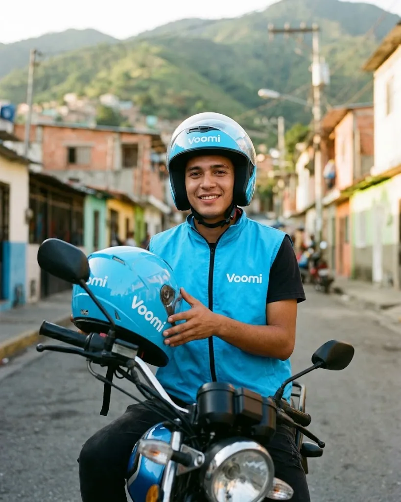 Voomi moto-taxi rider wearing a helmet