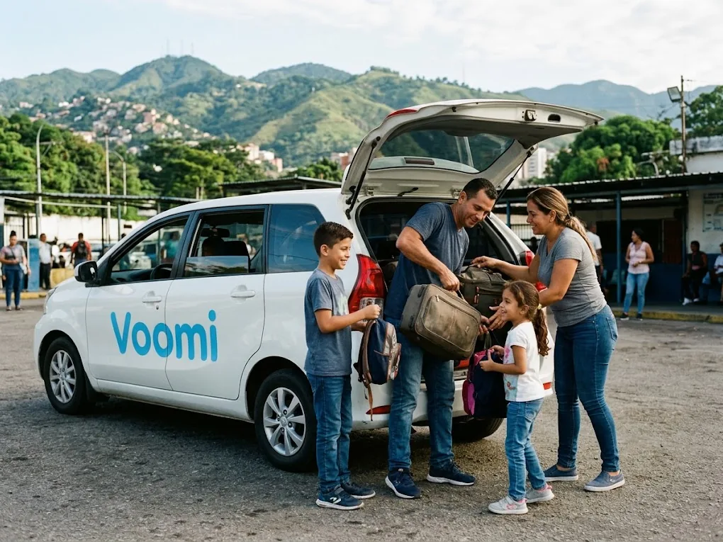 Family loading their suitcases into a Voomi car to travel between cities