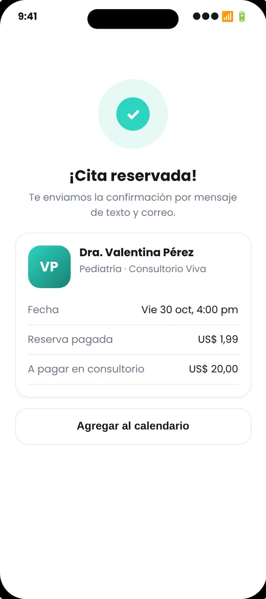 Pantalla de Voomi Health: Cita reservada