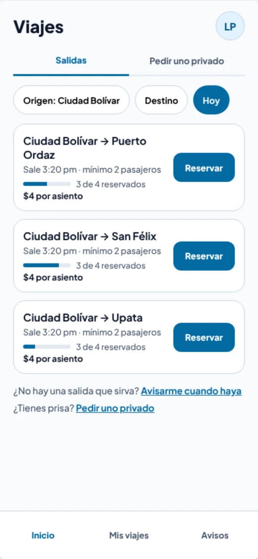 Voomi Rider: intercity departures with time and price per seat